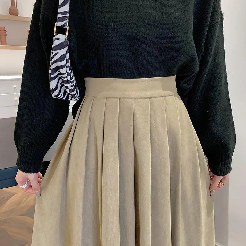 Vintage Brown High Waist Pleated Skirt Women Korean Fashion College Style Long Skirt Ladies Autumn Casual a Line Skirts-Gennys fashion