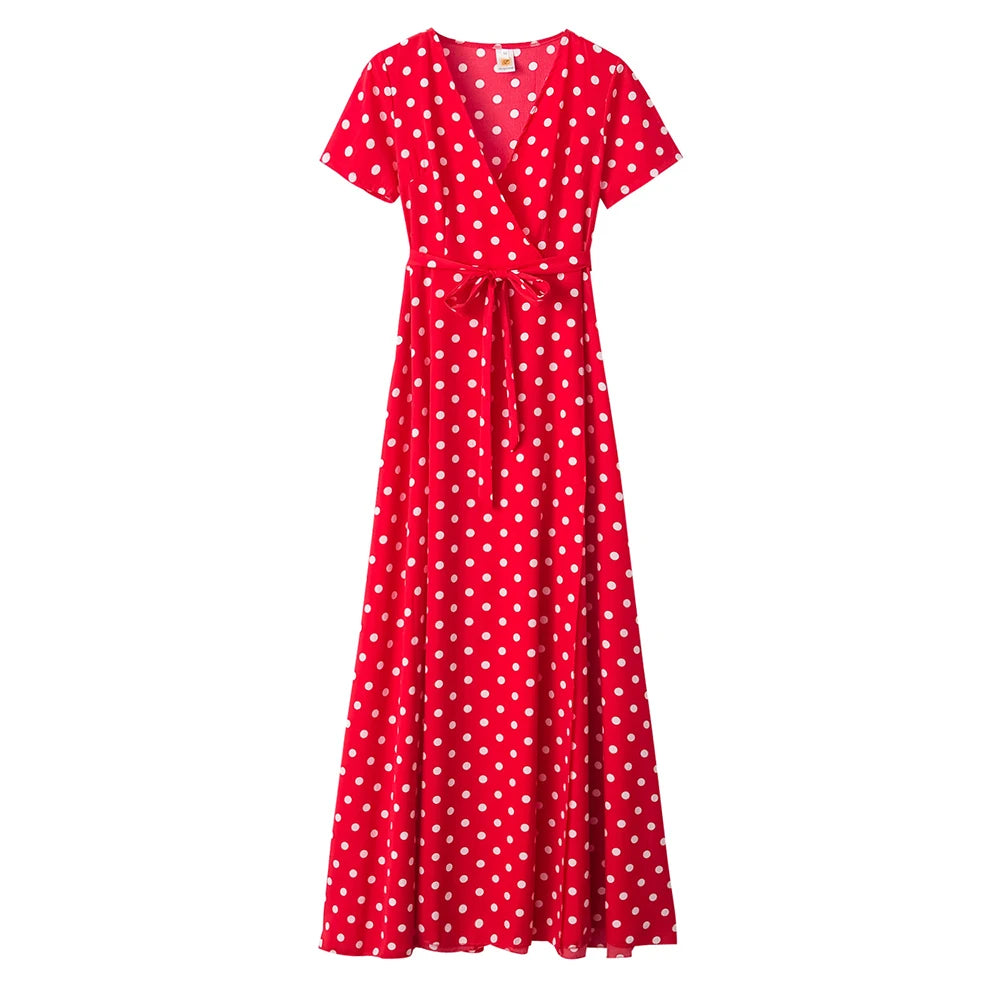 Summer Ladies Long Split Dress Polka Dot Beach Dress Maxi Dress Women Evening Party Dress Floor-Length Beach Hobo Sundress-Gennys fashion