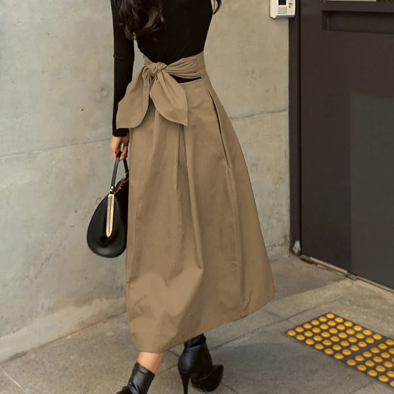 Skirts Womens Korean Fashion Solid Color Big Swing Ladies Skirt Long Skirt 2022 Autumn Wild High Waist Bow Slim Skirts-Gennys fashion