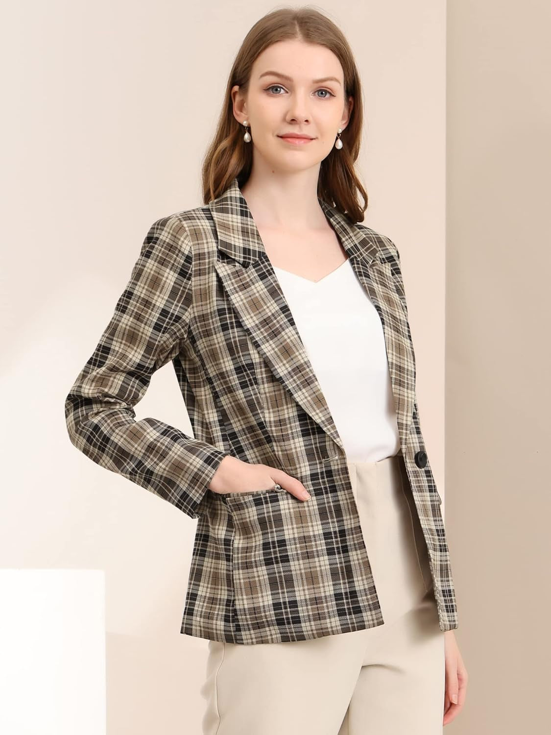 Women'S Blazers Boyfriend Notched Lapel Plaid Blazer Jacket-Gennys fashion