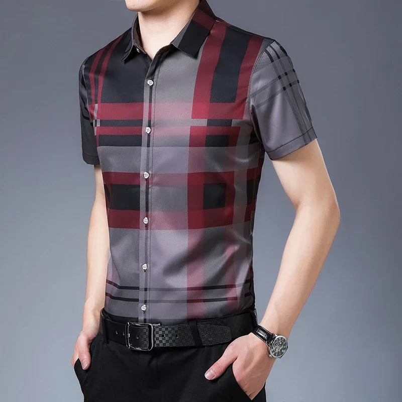 Men'S Striped Business Casual Short Sleeved Shirt Wrinkle Resistant and Non Ironing Comfortable Top-Gennys fashion