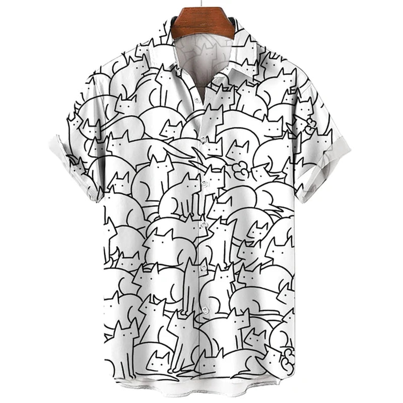 Men'S Hawaiian Collar Shirt 3D Printing Short Sleeve Cute Cat Casual for Men Vintage Clothes Harajuku Floral Blouse-Gennys fashion