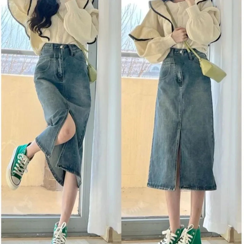 Korean Version of Ins Retro High-Waisted Split Denim Jeans Skirt Women Loose Thin Long A-Line Bag Hip Skirt Tide Women Jeans-Gennys fashion