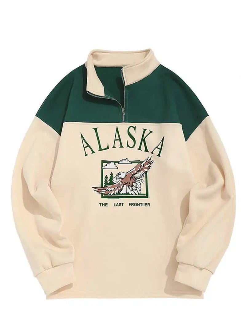 Fleece Hoodie for Men ALASKA Graphic Eagle Printed Sweatshirt Colorblock Vintage Streetwear Pullover Sweats Unisex Style-Gennys fashion