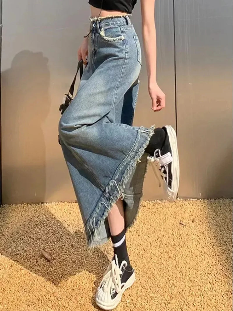 Retro High Waisted Denim Skirt Women'S Spring Mid Length Solid Color Casual A-Line Skirt 2024 New Tassel Design Slim Fit Skirt-Gennys fashion