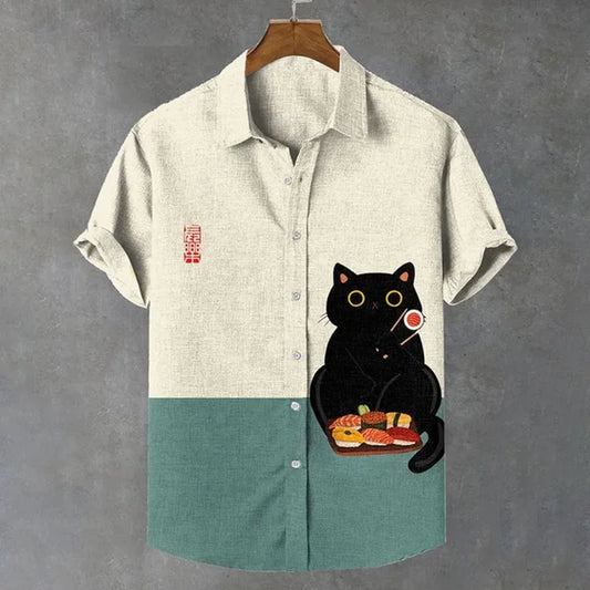 Men's Hawaiian Cat Print Linen Shirt