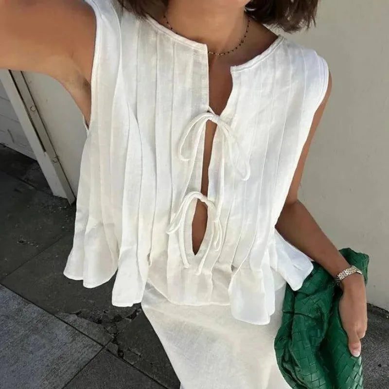 Linen Cotton Pleated Lace up Sleeveless Short Shirt Blouse Female Slim Waist Crop Top Pleated Shirts 2024 New White-Gennys fashion