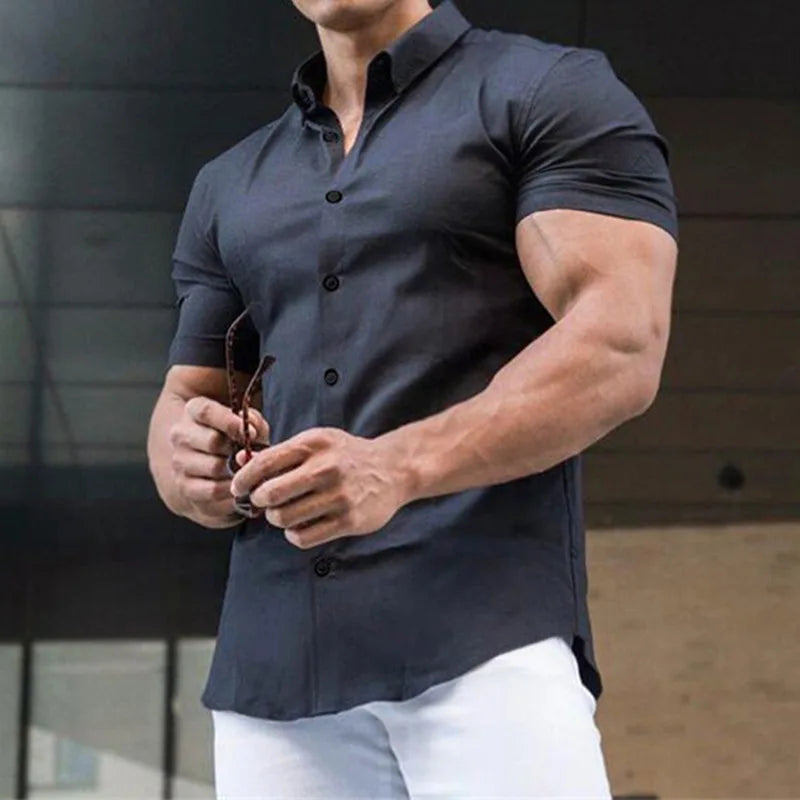 New Summer Fitness Solid Color Sports Single Breasted Casual Cardigan Business Shirt Short Sleeve Lapel Shirt Elastic Thin Men-Gennys fashion