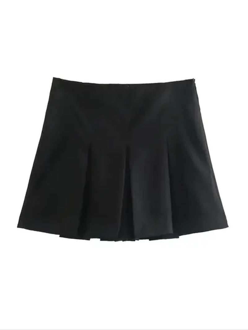 TRAFZA Vintage Dark Grey Mini Skirts Women Ruffles Pleated Sexy Shorts Skirts Female Fashion 2024 Streetwear Mujer Faldas-Gennys fashion