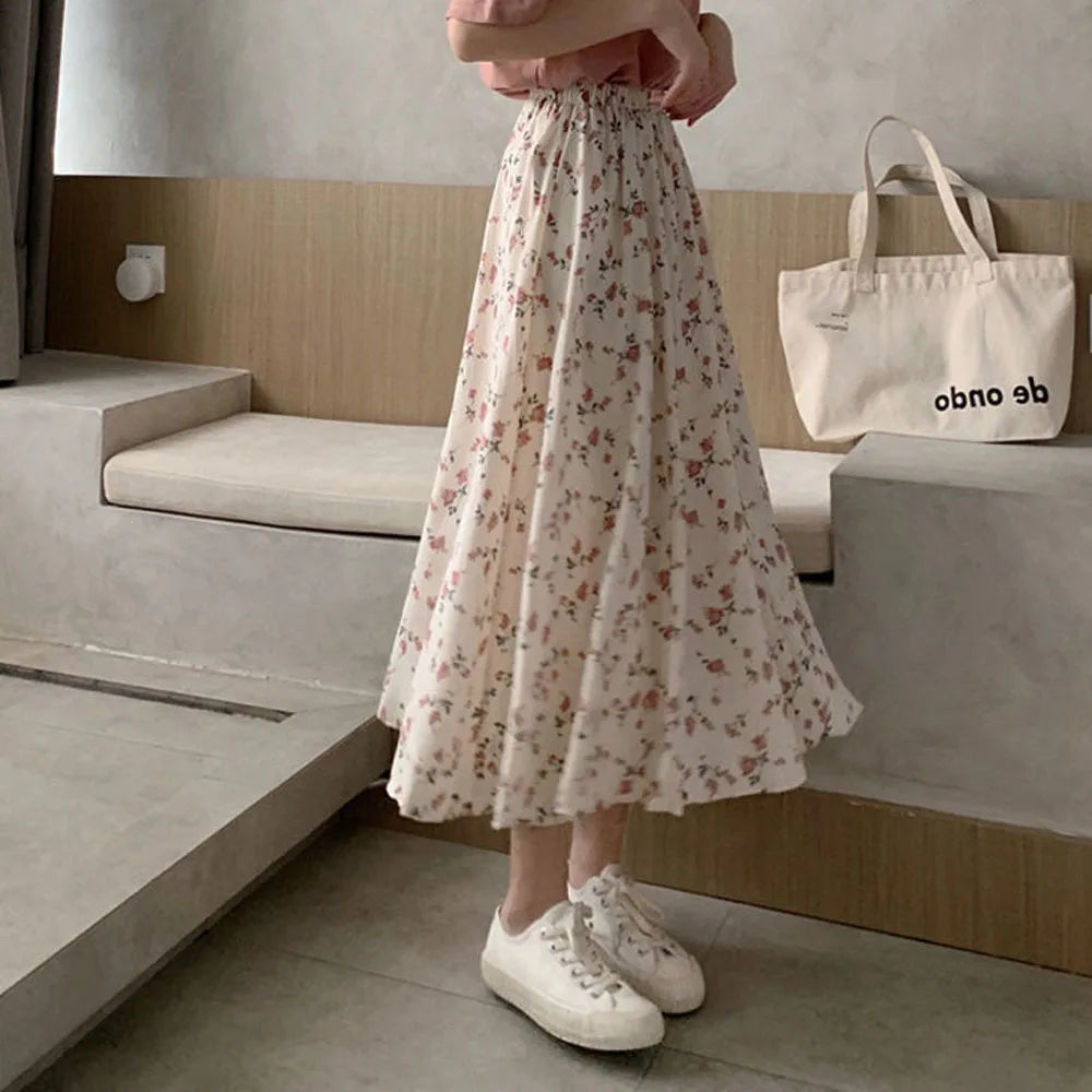 A-Line Skirts for Women Summer High Elastic Waist Floral Print Fairy Midi Calf Dress CDPF-WYP-47-Gennys fashion