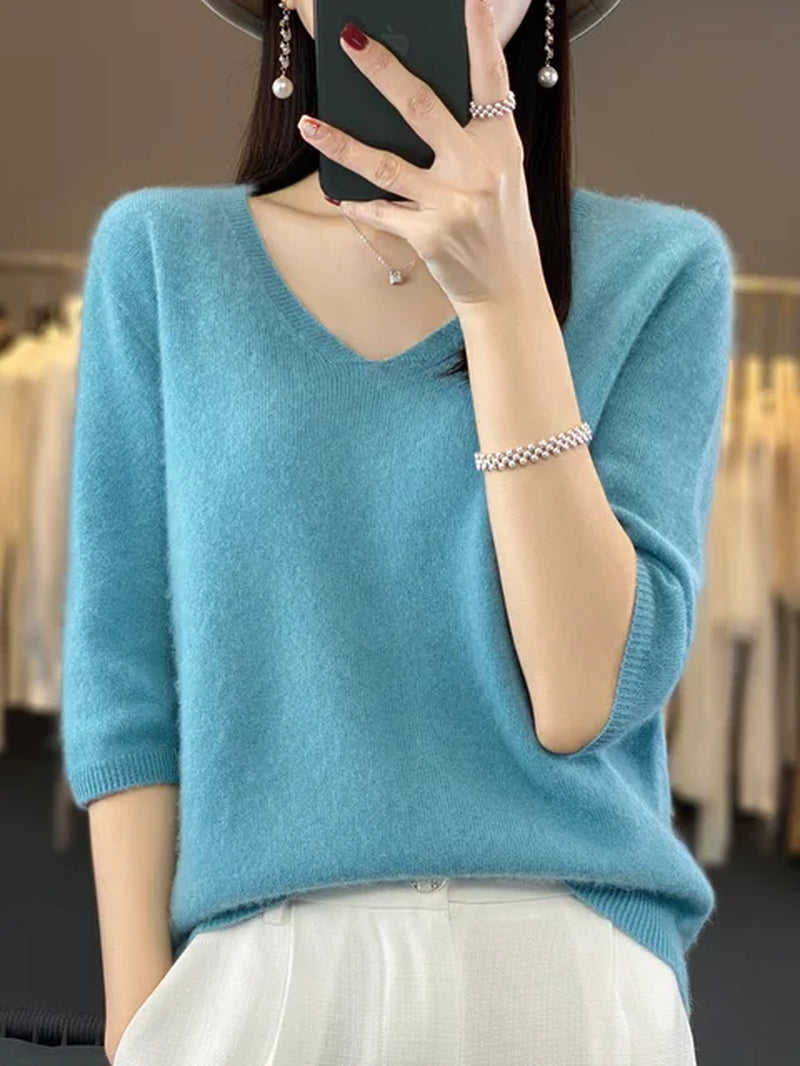 Short Sleeve Women Knitted Sweaters 100% Pure Merino Wool Cashmere Spring Fashion V-Neck Top Pullover Clothing-Gennys fashion