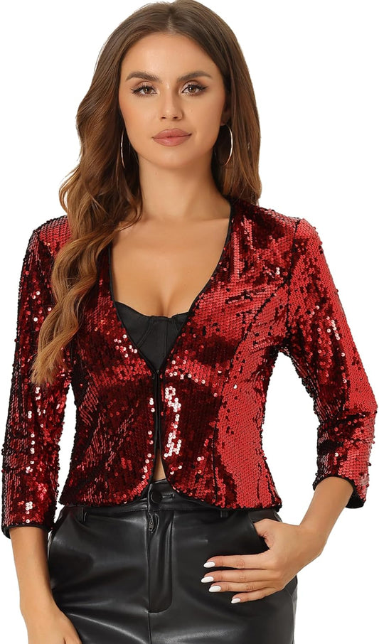 Women'S Sequin Shrug 3/4 Sleeve Open Front Party Glitter Sparkly Short Blazer Jackets-Gennys fashion