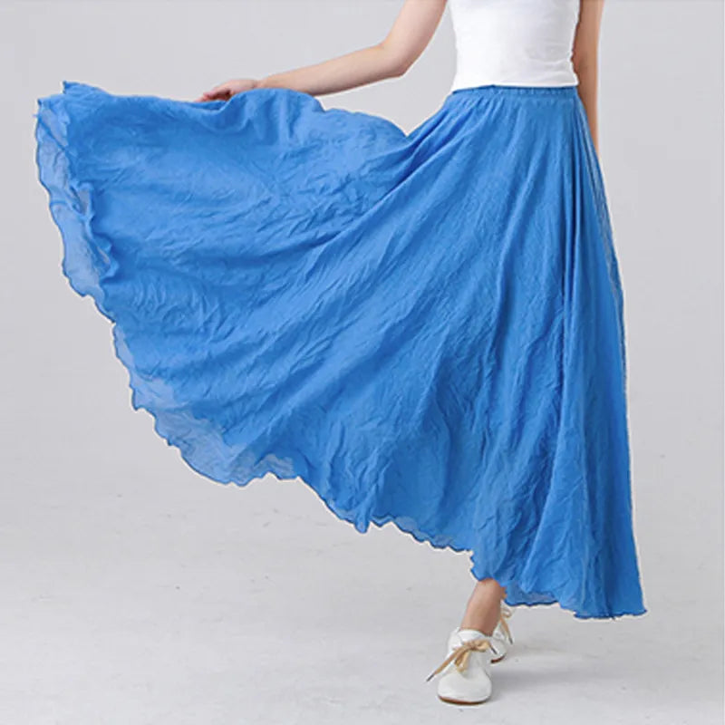 High Quality Cotton Linen Maxi Skirt Womens Casual Elastic High Waist Pleated A-Line Beach Skirts Boho Saia Feminina Faldas Jupe-Gennys fashion