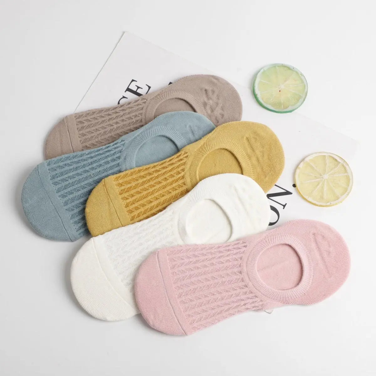 5 Pairs Summer Thin Mesh Socks Ladys Shallow Silicone anti Slip Invisible Socks Lovely Solid Color Boat Socks-Gennys fashion