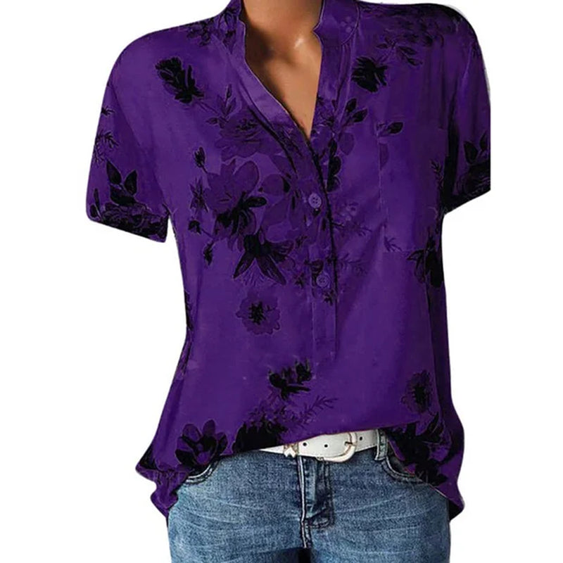 Elegant Women'S Shirt Printing Large Size Casual Shirt Fashion V-Neck Short-Sleeved Shirt Blouse-Gennys fashion