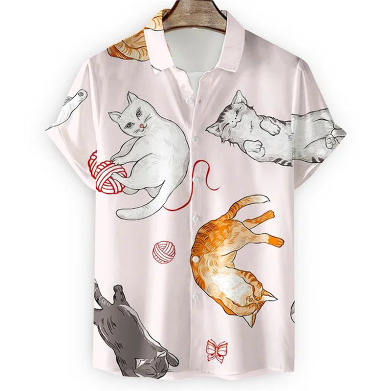 Men'S Hawaiian Collar Shirt 3D Printing Short Sleeve Cute Cat Casual for Men Vintage Clothes Harajuku Floral Blouse-Gennys fashion