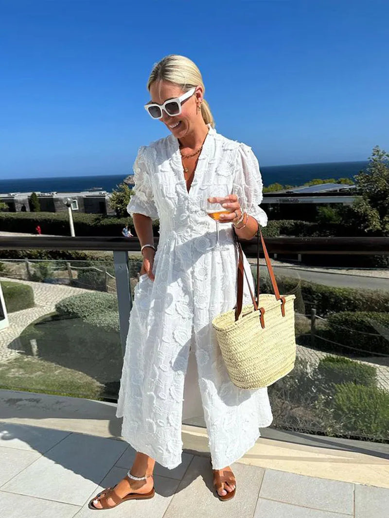 Elegant White Party Long Dress Women'S Luxury V-Neck Printed Single Breasted Split Evening Robe 2024 New Chic Street Dresses-Gennys fashion