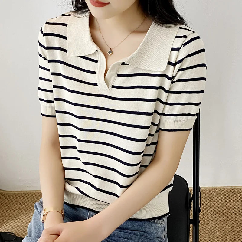 Women Summer POLO T-Shirt Causal Cotton Short Sleeve Lady T Shirt Striped Summer Female Trendy Fashion Top Tee-Gennys fashion