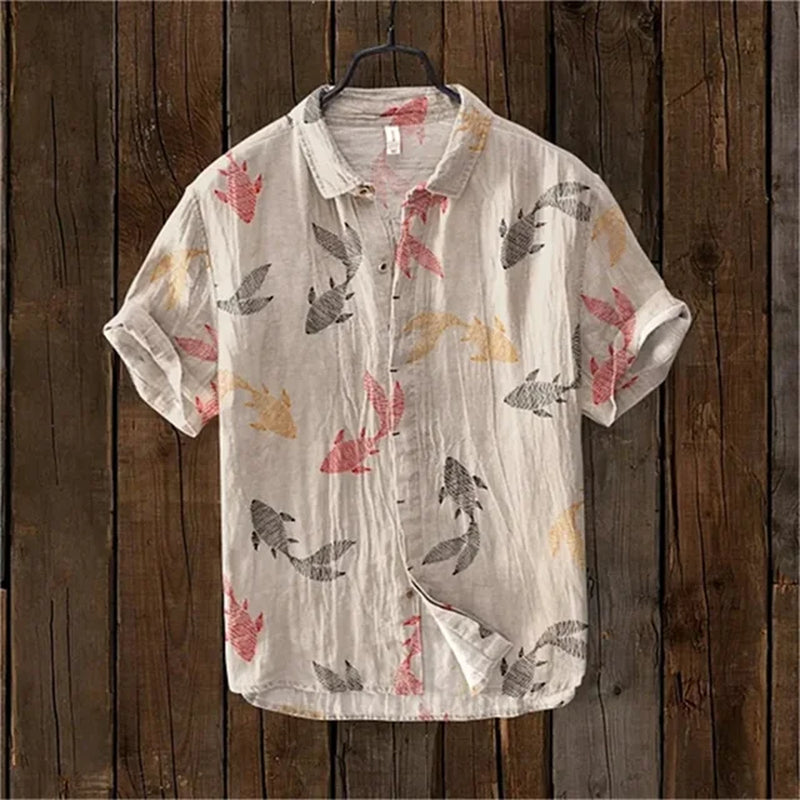 Men'S Short Sleeved Hawaiian Shirt, Japanese Art Retro Fish Print, Loose Breathable Linen Top, Casual Fashion, New, 2024-Gennys fashion