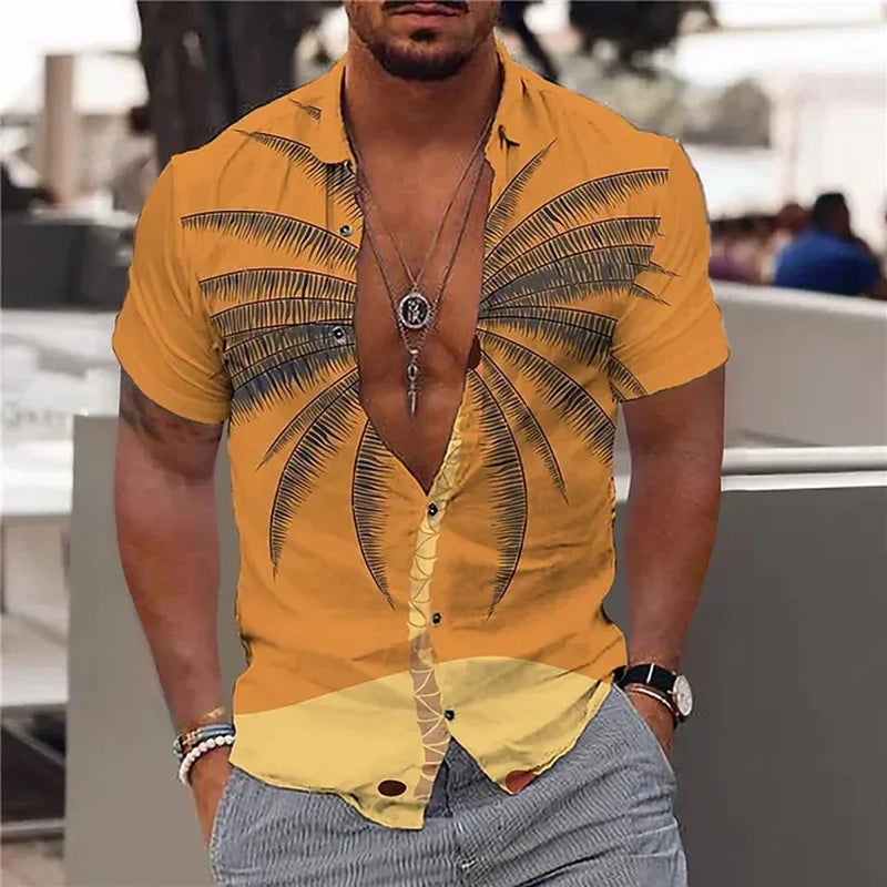 2024 Summer Hawaiian Men'S Shirt Vacation Daily Slim-Fit Top Gym Elegant Floral Pattern Leaves Society Casual Fashion-Gennys fashion