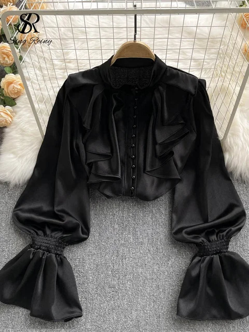 SINGREINY High Quality Satin Loose Shirt Long Flared Sleeves Ruffles O Neck Beading Women Gentle Office Lady Casual Blouse-Gennys fashion