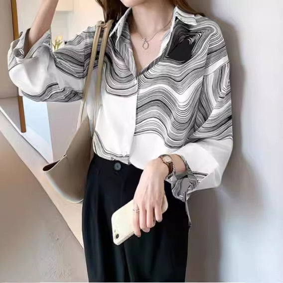 Ink Painting Cotton Linen Long Sleeve Blouse-Gennys fashion