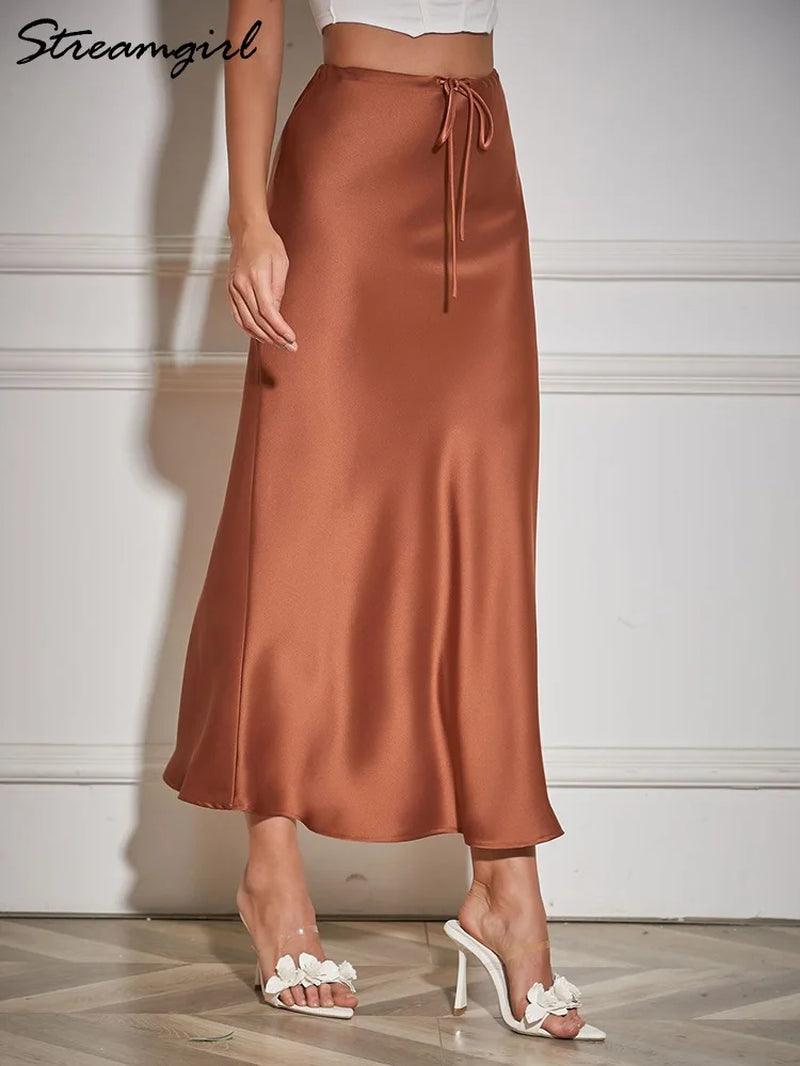 a Line Long Satin Skirts for Women Black 2024 Elegant High Waist Maxi Beige Skirts Silk Lace up Long Skirt Women-Gennys fashion