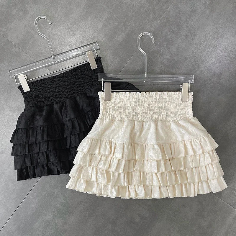 Streetwear Y2K Ruffles Mini Skirts Women Sweet Kawaii High Waist Lace a Line Skirt Summer Korean Fashion Black Ball Gown Skirts-Gennys fashion