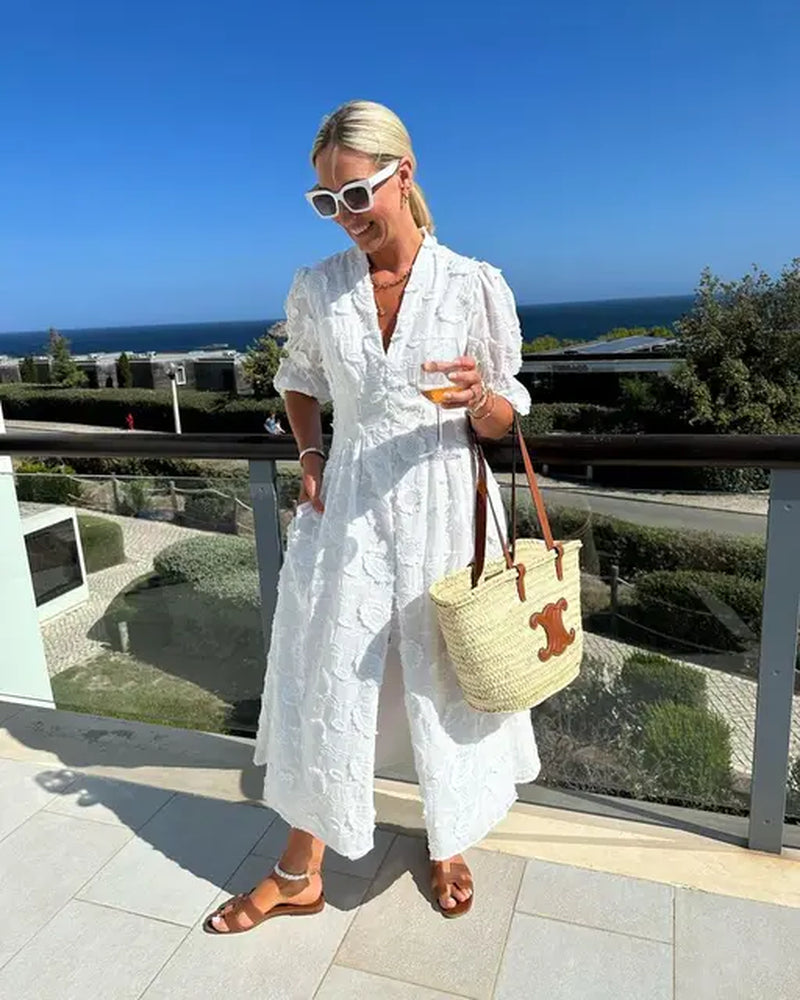 Elegant White Party Long Dress Women'S Luxury V-Neck Printed Single Breasted Split Evening Robe 2024 New Chic Street Dresses-Gennys fashion