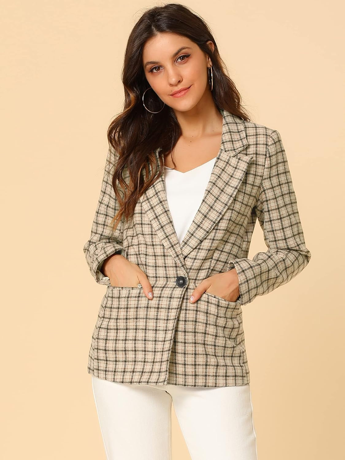 Women'S Blazers Boyfriend Notched Lapel Plaid Blazer Jacket-Gennys fashion