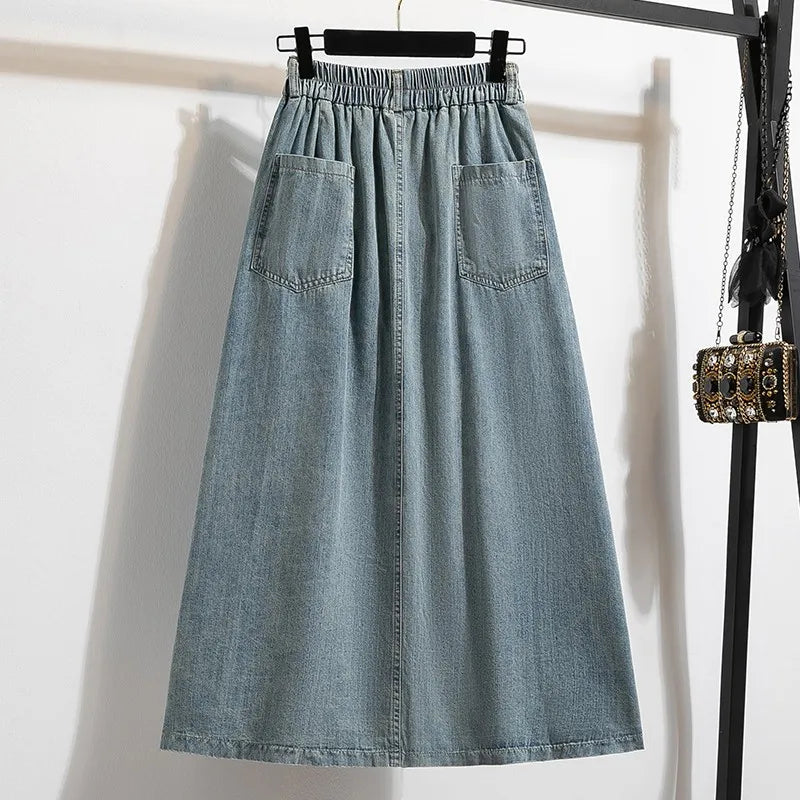 High Waist Casual Denim Skirts Women New Arrival 2024 Vintage Style Single-Breasted Basics Female A-Line Long Skirts B3848-Gennys fashion