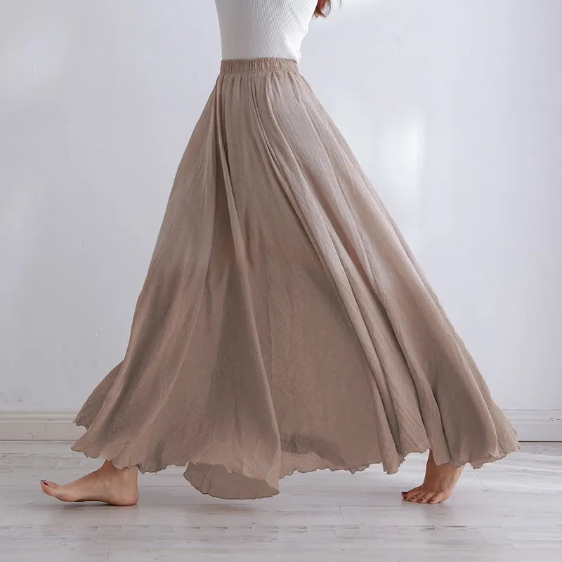 High Quality Cotton Linen Maxi Skirt Womens Casual Elastic High Waist Pleated A-Line Beach Skirts Boho Saia Feminina Faldas Jupe-Gennys fashion