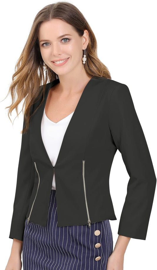 Women'S Crop Collarless Blazers Suit Zip Decor Work Office Jackets Blazer-Gennys fashion