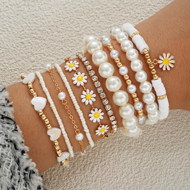 8Pcs Vintage Daisy Flower Pendant Bracelet Set for Women Bohemian Beaded Enamel Star Heart Pearl Bangles Trendy Jewelry Gifts-Gennys fashion