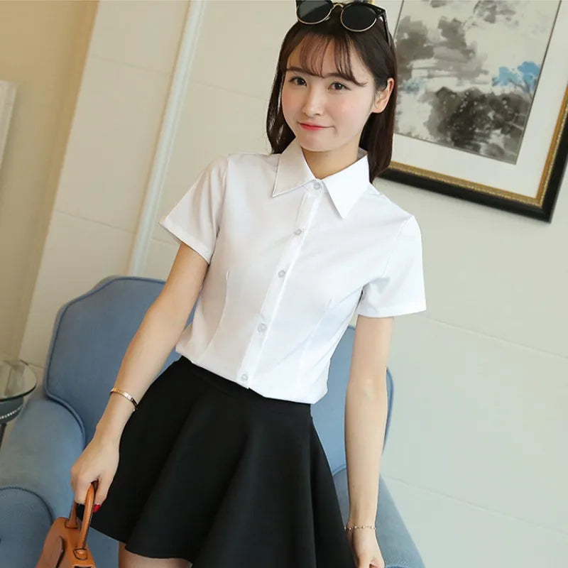 Korean Fashion White Shirt Women Autumn Short Sleeve Blouse Slim Office Lady Tops Women'S Shirt S-5XL Student Shirt Women'S Wear-Gennys fashion