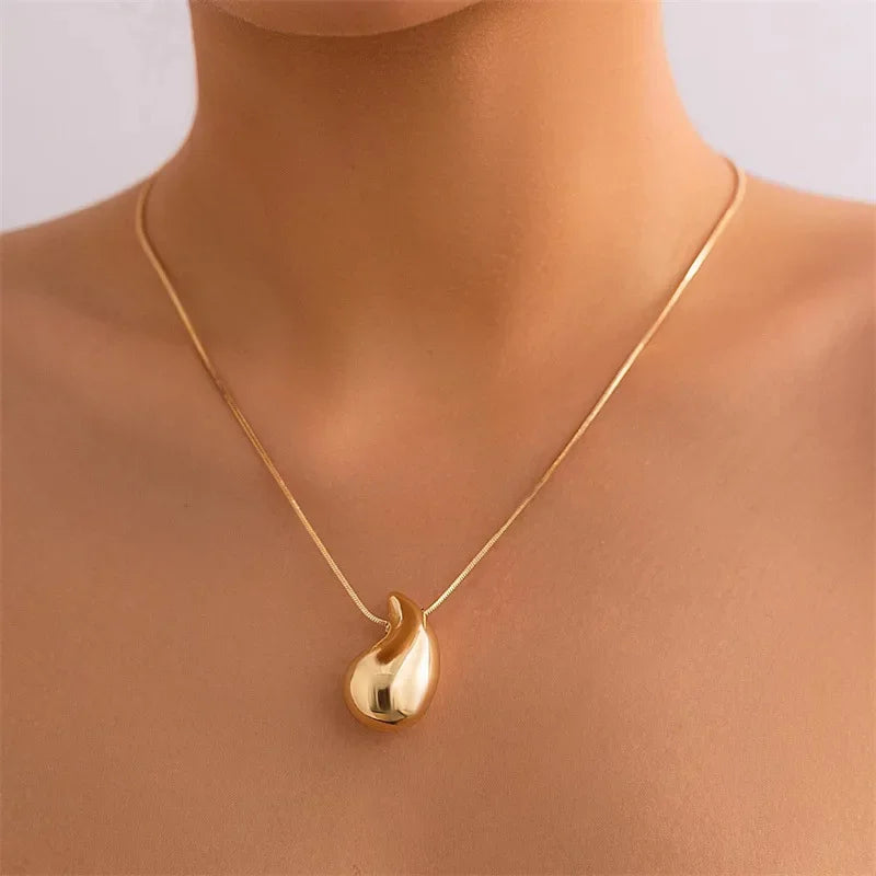 New Gold Color Stainless Steel Necklace for Women Jewelry Metal Vintage Waterdrop Pendant Earrings Necklace Set Birthday Gift-Gennys fashion