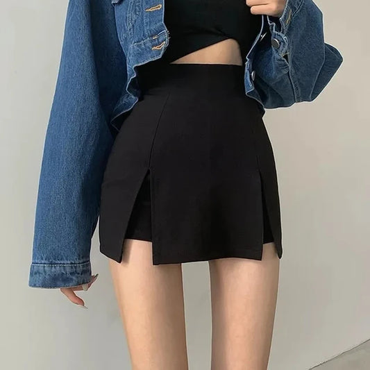 High Waist Black Split Mini Skirt