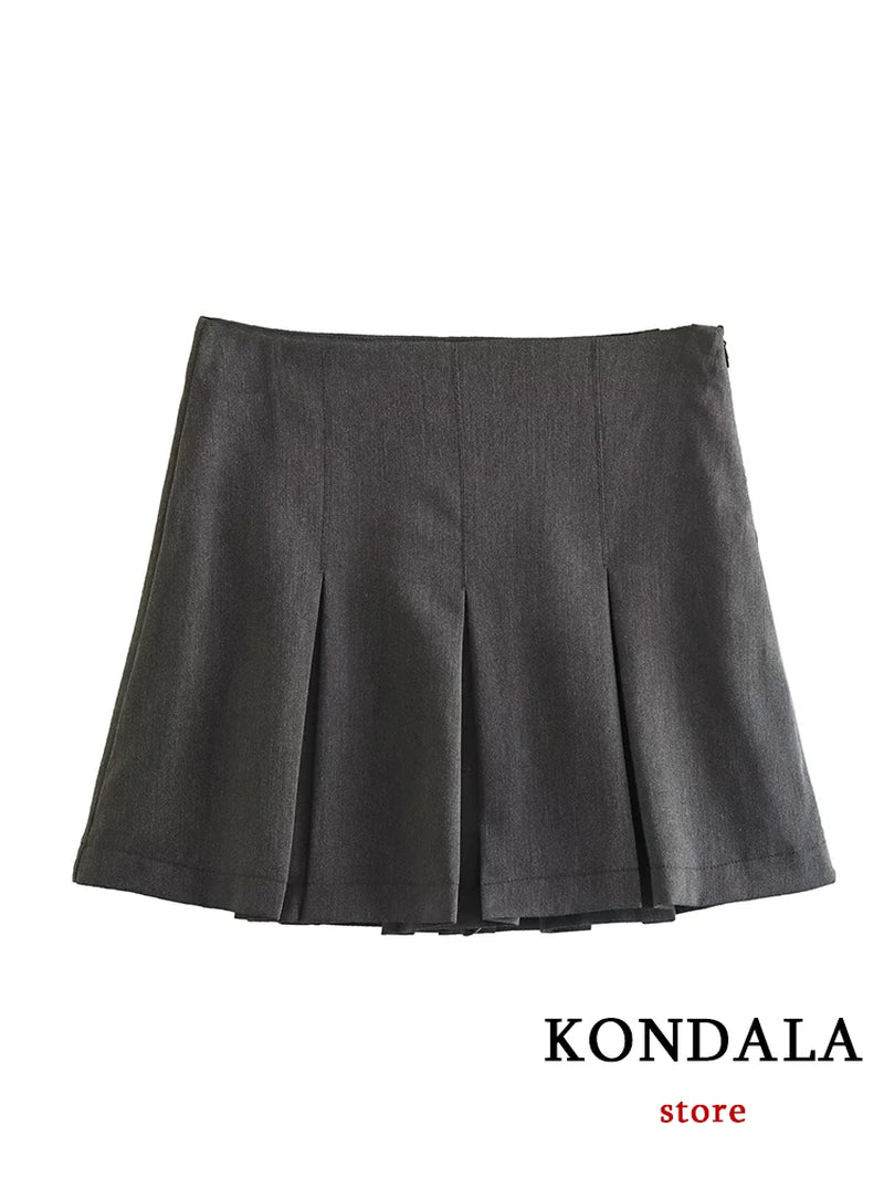 TRAFZA Vintage Dark Grey Mini Skirts Women Ruffles Pleated Sexy Shorts Skirts Female Fashion 2024 Streetwear Mujer Faldas-Gennys fashion