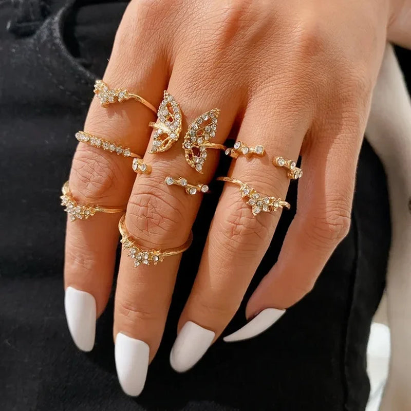 Crystal Rings Set Vintage Women Butterfly Pearl Geometric Hollow Ring Girls Anillos Jewelry Bague Adjustable Funk Jewellery-Gennys fashion