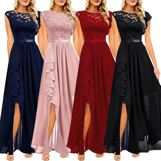 Elegant Lace Ruffle Slit Dress