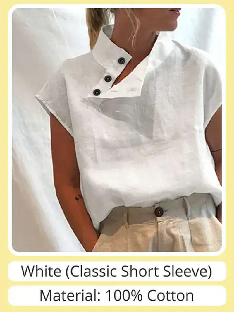 Fashion Women Blouses 2024 Summer Cotton Linen Blusas Mujer Stylish White Shirt Elegant Short Sleeve Tunics Lightweight-Gennys fashion