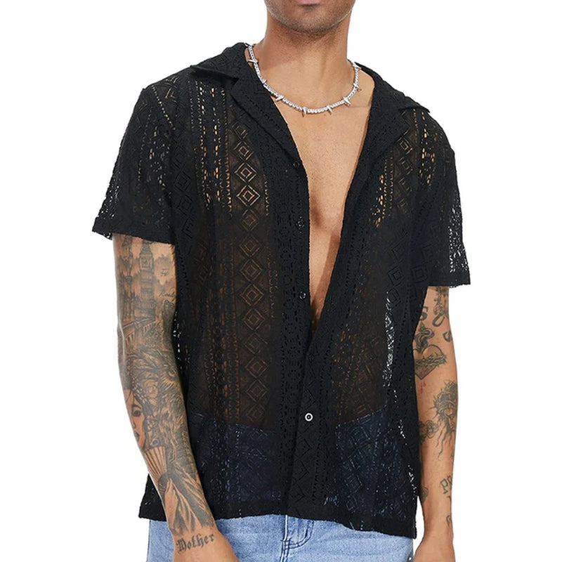 Men'S Short-Sleeve Hollow-Out Lace Shirt Single Breasted Lapel Perspective Shirt Top-Gennys fashion