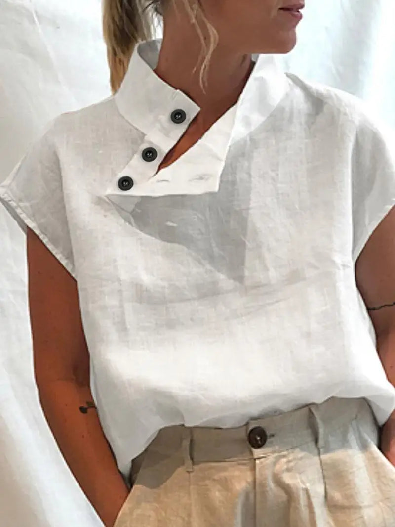 Summer Women's White Cotton-Linen Blouse