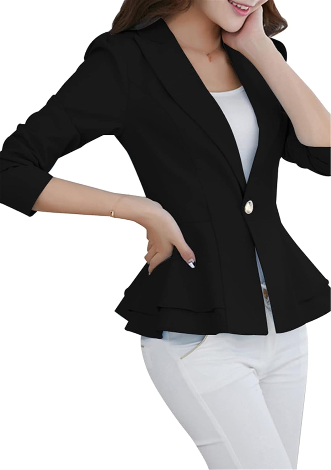 Women Elegant Jacket Suit 3/4 Sleeve Chic Slim Fit Office Business Blazer with Skirt Hem-Gennys fashion