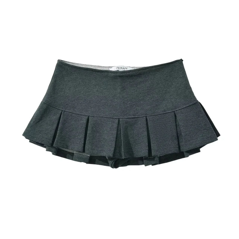 New Women'S Terry Fabric Low Waist Y2K Mini Skirt Wide Pleat Decoration Light Grey Flounce a Line Skort Hot Sweet-Gennys fashion