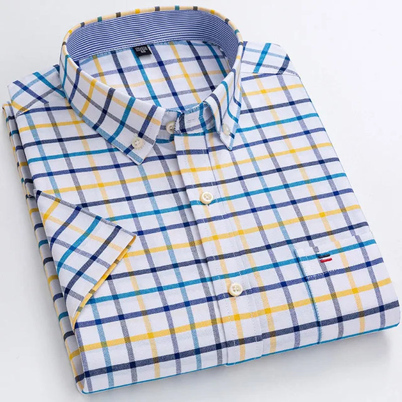 Men'S Fashion Versatile Short Sleeve Oxford Shirt Single Chest Pocket Regular-Fit Comfortable Cotton Plaid Striped Casual Shirts-Gennys fashion