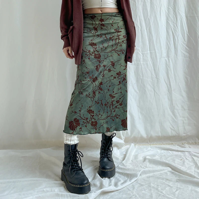 Harajuku Floral Print Long Skirt Vintage Low Rise Straight Midi Skirts for Women Autumn Basic All-Match Skirts Ladies Y2K-Gennys fashion