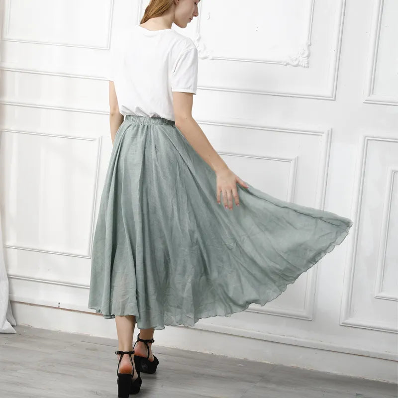 High Quality Cotton Linen Maxi Skirt Womens Casual Elastic High Waist Pleated A-Line Beach Skirts Boho Saia Feminina Faldas Jupe-Gennys fashion