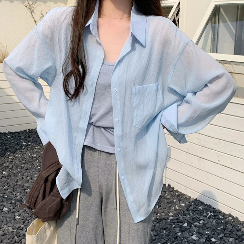 Sun-Proof Thin Summer Shirt Women Simple Solid Color Long Sleeve Blouse Woman 2024 Korean Style Loose Basic Shirts Female-Gennys fashion