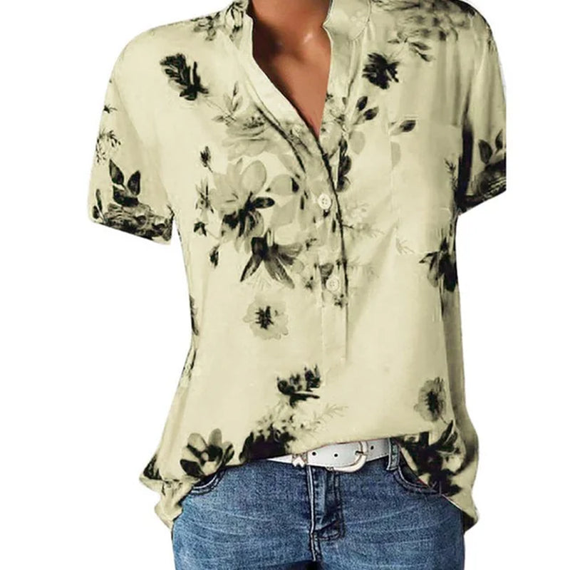 Elegant Women'S Shirt Printing Large Size Casual Shirt Fashion V-Neck Short-Sleeved Shirt Blouse-Gennys fashion